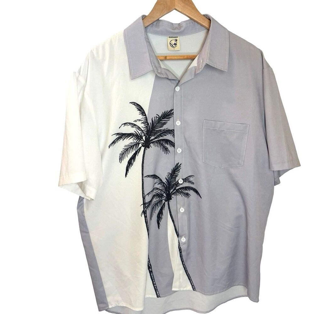 Hardaddy Shirt Men's Large Gray White Tropical Palm Tree Short Sleeve Button Up